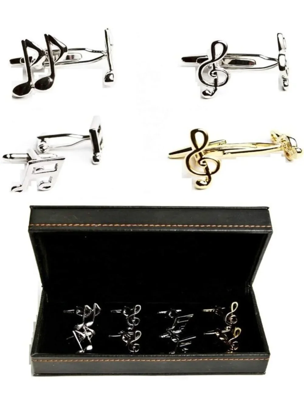 Stylish Music Notes Treble Cufflinks - 4 Pairs in Gift Box with Polishing Cloth